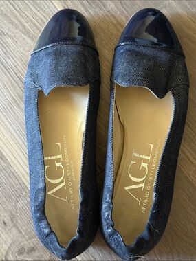 AGL Blue Denim Leather Cap Toe Flats Size
